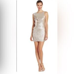 Hailey Logan Adrianna Papell Formal Gold Metallic Mini‎ Ruffle Dress Size XS